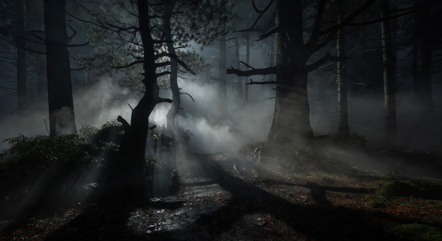 Dark misty forest evocative of a noir mystery scene